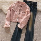 Pink leather jacket + vest + jeans [three-piece set] / S