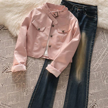 Hong Kong Style Retro suit American Style Design Short Pink Motorcycle Leather Jacket Women's Three-Piece Jeans Set