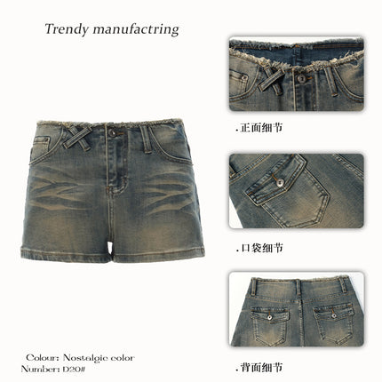 Raccoon House # Nostalgic Blue Raw Edge Denim Shorts for Women Summer New High-Waisted Slimming Hot Girl Outer Wear Hot Pants