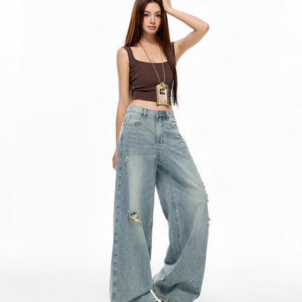 Retro Washed Distressed Jeans for Women, Loose High-Waisted Slim Straight Wide-Leg Pants, Floor-Length Pants