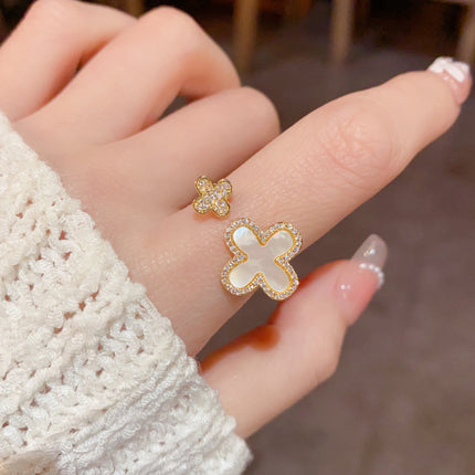 Niche Personalized Fashion Light Luxury All-match High-end Sense Micro-inlaid Zircon Shell Four-leaf Flower Opening Ring Delicate Finger Ring