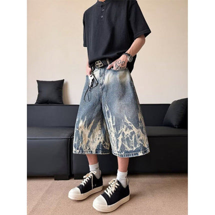 American High Street Lightning Pattern Shorts Men's Trendy Brand Design Handsome Cropped Pants Retro Washed Hip-Hop Style Jeans