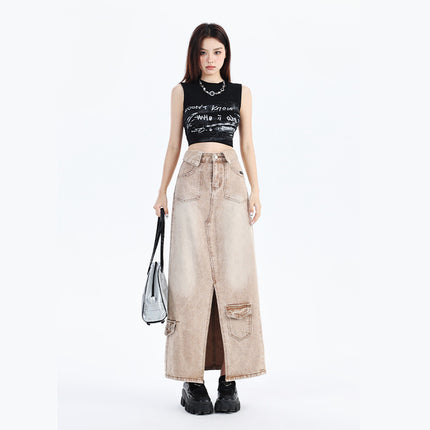 Hong Kong Style Vintage High Waist Slim Long Work Skirt Fashion Design Pear Figure Fashionable Denim Skirt for Women