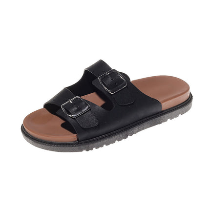 Double-strap Thick-soled Sandals and Slippers Women's New Flat-soled Shops with Square Buckle Korean Style Outer Wear All-match Roman Foreign Trade Beach Shoes