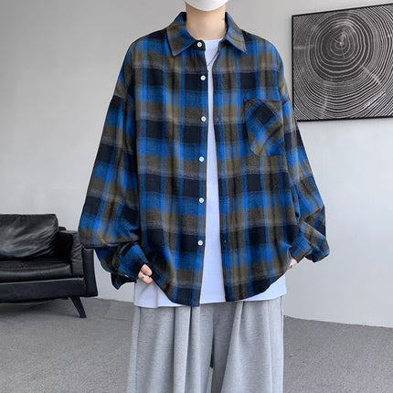 American Retro Plaid Shirt Men's Long-Sleeved Casual Trendy Brand Loose Brushed High-End Shirt Men's Jacket