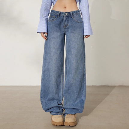 Retro Washed Wide-Leg Jeans for Women, Autumn New Low-Waist Straight Loose Design, Slimming Floor-Length Pants