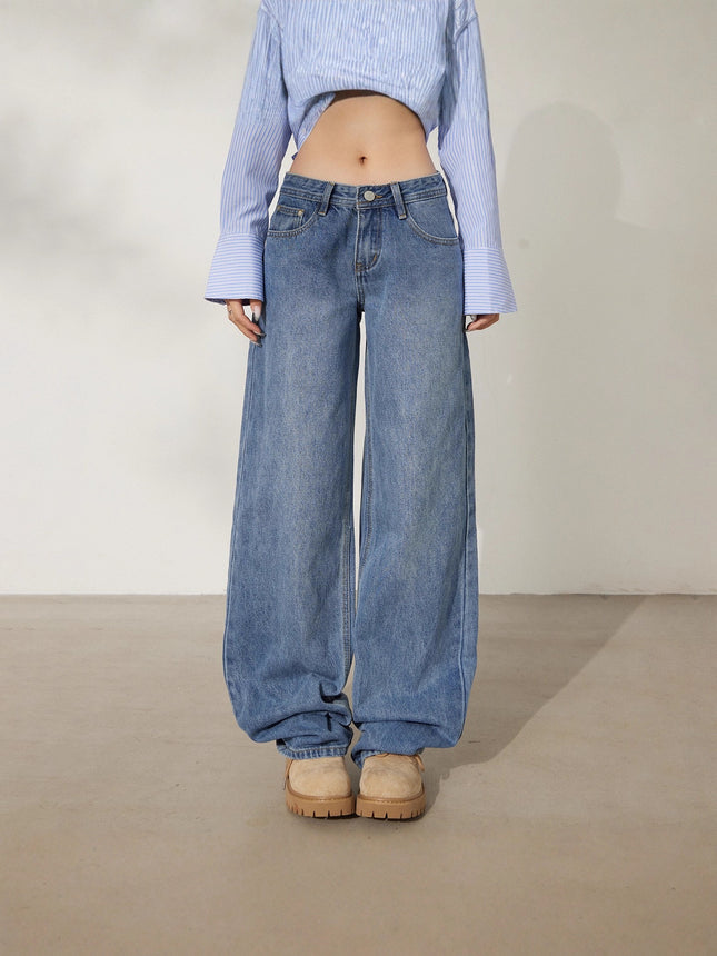 Retro Washed Wide-Leg Jeans for Women, Autumn New Low-Waist Straight Loose Design, Slimming Floor-Length Pants