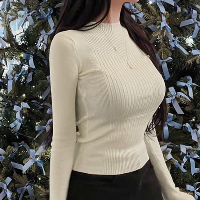 South Korea's Dongdaemun Round Neck Simple Slimming Look Sexy Sexy Figure-Showing Versatile Long-Sleeved Knitwear Tops for Women
