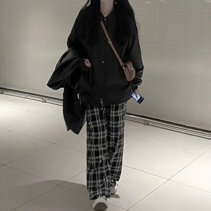American High Street Retro Casual Slim Women's Spring New Hong Kong Style Loose and Versatile Wide-Leg Straight Long Plaid Pants