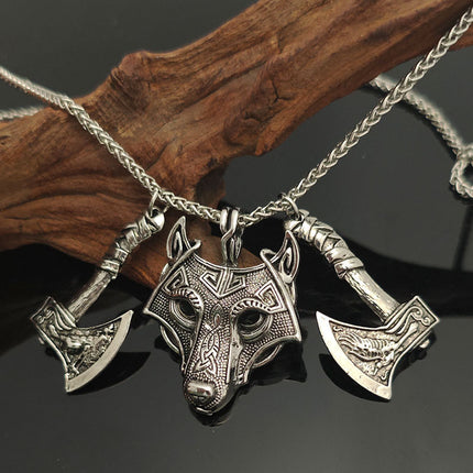 Cross-border explosions retro Norwegian style Nordic Viking Celtic wolf head double axe pendant necklace jewelry wholesale