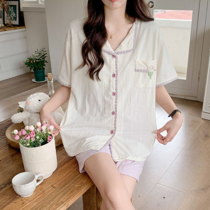 T Summer New Knitted Jacquard Cotton Flower Pattern Cute Casual Outfit Two-piece Home Clothes Women's Short Sleeve