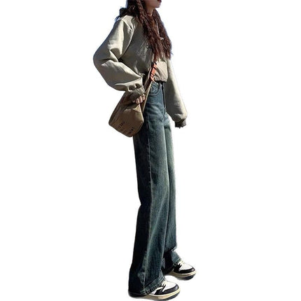 plus size Cement Grey Straight Leg Jeans Women's Fashionable All-match New High Waist Slimming Narrow Style Wide Leg Pants