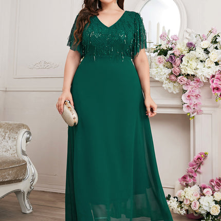 New V Neck Green Chiffon Tassel Pearlescent Elegant Evening Dress Cross-Border Popular Plus Size Women's Dress
