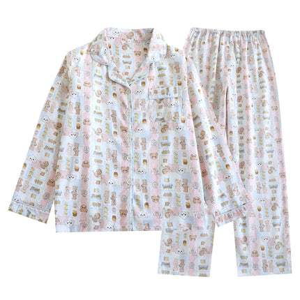New Bear Brushed Long-Sleeved Trousers Pajamas Set for Women All Seasons Cartoon Loose Breathable Can Be Worn Outside Home Clothes