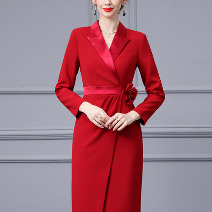 Zhili Red Three-Dimensional Floral Waist-Cinching Slimming Suit Dress, Office Style Mature Look, Bodycon Dress, 2026 Spring New Model