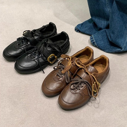 Genuine Leather Retro Metal Buckle German Training Shoes for Women 2026 New Versatile Soft-Soled Lace-Up Casual Sports Ballet Leather Shoes