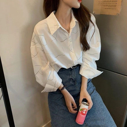 Personalized Printing ~ Retro Elegant Niche Hong Kong Style Long-Sleeved Shirt for Women Spring & Fall New Loose Casual Lapel Shirt