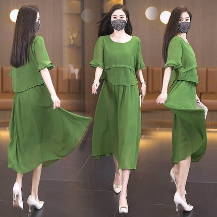 plus size Women's 2024 Summer New Fashion Celebrity Style Elegant Loose Slimming Green Round Neck dress