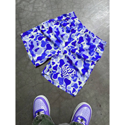 Temu Cross-Border Export Bottoms Men's Camouflage Letter Print Elastic Waist Casual Shorts Blue