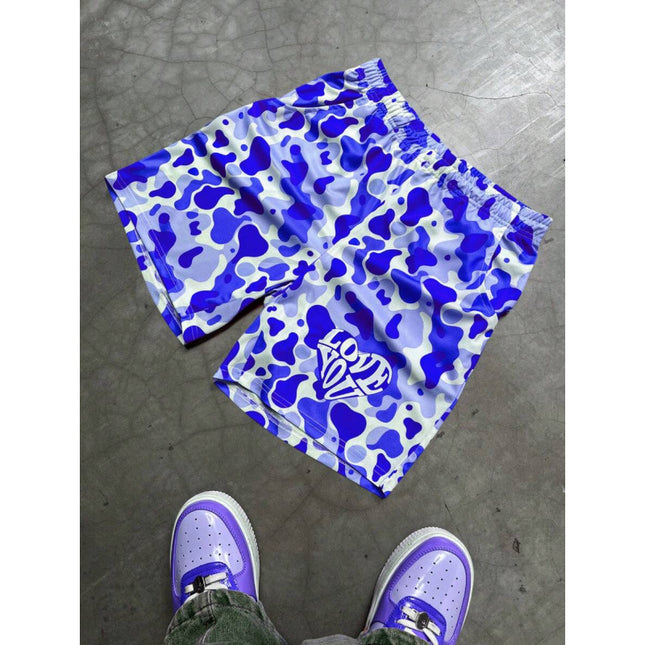 Temu Cross-Border Export Bottoms Men's Camouflage Letter Print Elastic Waist Casual Shorts Blue