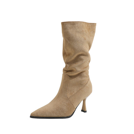 Thin Heel Pleated Pile Boots 2025 Autumn and Winter New Pointed Toe High Heel Mid-Calf Slim Boots for Women European and American Style Versatile Short Boots