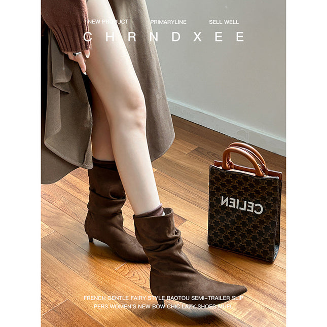 Cowhide Version ~ French Style Kitten Heel Short Boots, Feminine Slimming Look Pointed Toe Pile Boots, Suede Stiletto Slim Boots