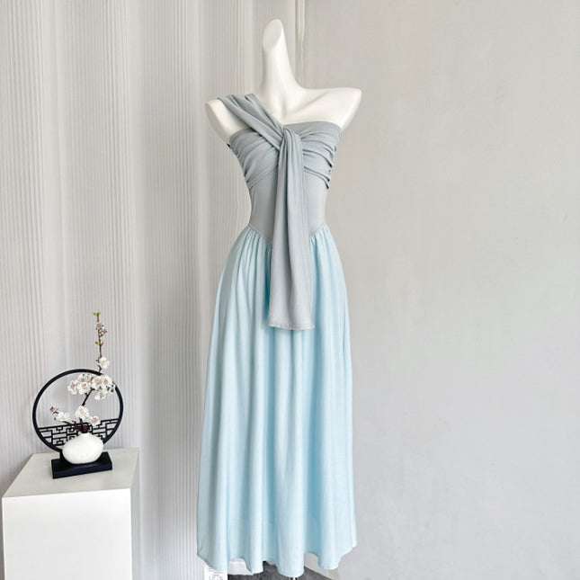 Summer New Style Waist Slimming Look Sleeveless Cut Out Pure Lust Style Slanted Shoulder Casual Long Dress Women's Fashion Versatile Trend
