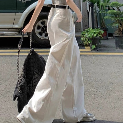 White Wide Leg Jeans Women's Trendy All-match New High Waist Slimming Pleated Lazy Drape Straight Trousers