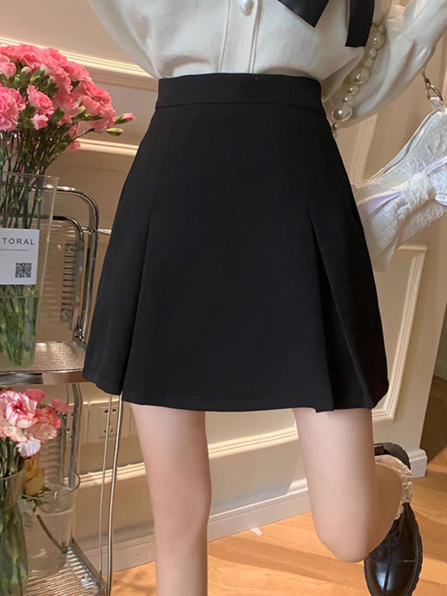 Small A- shape Pleated Skirt Women's Spring 2024 New College-style Anti-gloss High Waist Black Short Skirt