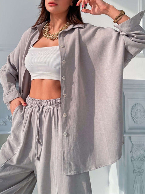 European and American Cross-Border 2025 Spring New Casual Suit Pure Color Lapel Long-Sleeved Shirt Top Harem Pants Two-Piece Set