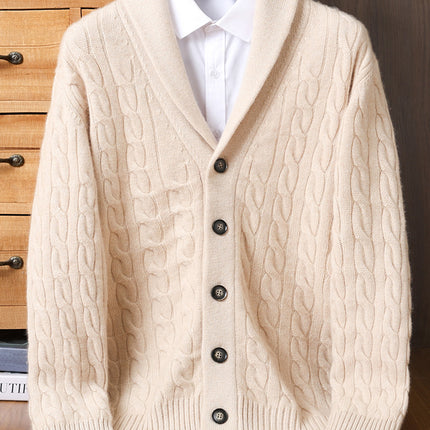Thickened Autumn and Winter Retro Twisted Green Fruit Collar Cashmere Knitted Cardigan Men's Casual Sweater Loose Jacket Fashion