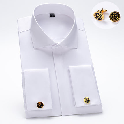 Men's French Cufflinks Shirt Men's Long-sleeved Windsor Collar Buckle Bamboo Fiber Double Stacked Sleeve Business Dress White Shirt