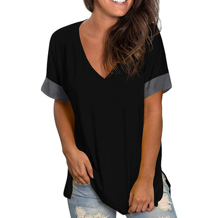 2024 Europe and the United States Spring and Summer Cross-Border New Women's Base Shirt Solid Color V-Neck Short-Sleeve Stitching
