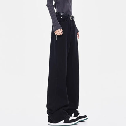 Black Straight-Leg Jeans for Women, Trendy Versatile New High-Waisted Slimming Plus-Size Casual Loose Drape Wide-Leg Pants