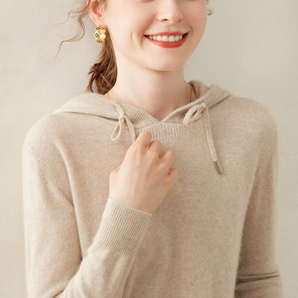Light Luxury Solid Color 100% Pure Cashmere Hoodie for Women, Versatile for Commuting, Loose Knit Base Hoodie, Loose Fit