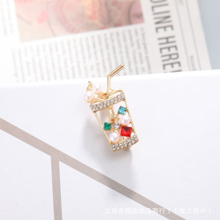 Sparkling Diamond Pearl Juice Drink Milk Tea Cup Brooch Personalized Creative Design Brooch Accessible Luxury Jacket Coat Accessories