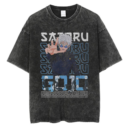 Huge Anime Flat Print Couple T-Shirt Washed Black Streetwear