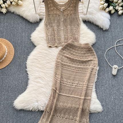 Korean Style Outfit with Elegant and Light Hollow Knitted Cardigan Vest and High-Waisted Half Skirt Holiday Style Two-Piece Set