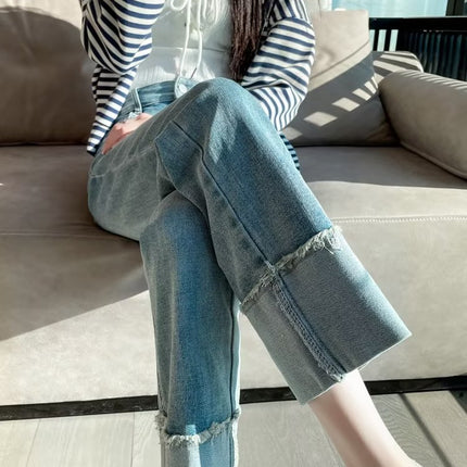 light blue High Waist Straight Tube Cigarette Jeans Women's 2025 Spring Rouge Small Slim Nine-point French Stick Pants