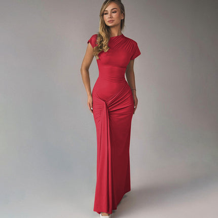 European and American Style Export New Women's Pure Color Short-Sleeved Pleated Back Lace-Up High-End Waist Slimming Sexy Dress