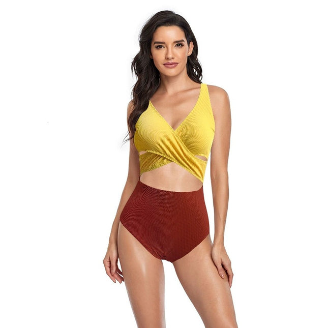 New foreign trade cross-border color matching one-piece swimsuit women's sexy high belt chest pad European and American triangle bikini Amazon