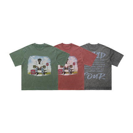 LawFoo American Street Washed Old Street Figure Printed Spring and Summer Loose Short-sleeved T-shirt Men's Top