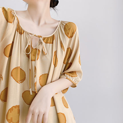 Mishiti Cotton Silk New Chinese Style Short-Sleeved Nightgown for Women, Summer Thin Style, National Style Cotton Silk Home Wear, Can Be Worn Outside