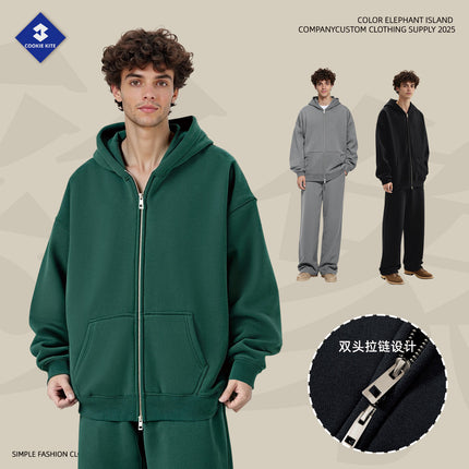 Kite Men's Clothing | Cross-Border European and American Loose Zipper Shirt Two-Piece Set for Men and Women 350g Fleece Hooded Sweatshirt and Pants Set