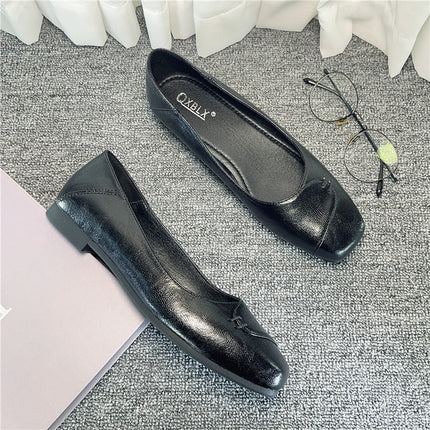 Square-toed single-layer shoes women's thick-heeled flat-bottomed professional temperament stewardess work shoes comfortable for a long time not tired feet black work shoes