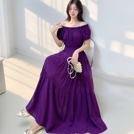Cross-border cotton silk clear color off-shoulder dress Southeast Asian elastic waist beach skirt Bohemian long skirt