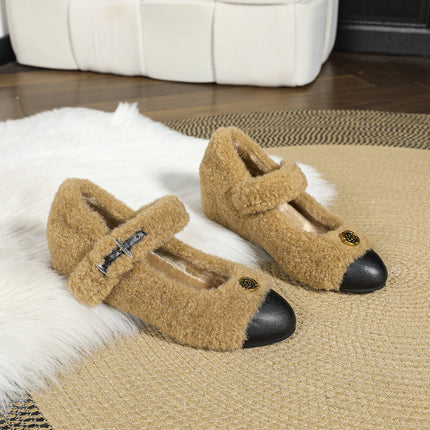 Small fleece-lined Warm Mao Mao Shoes Winter Outer Wear Inner Height Increase Mary Jane Women's Shoes Round Head Camellia Cotton Shoes Women