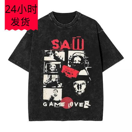 Washed t Shirt Vintage Saw Jigsaw Game Hip Hop Vintage T-Shi