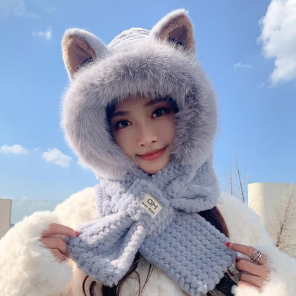 Women's Winter Cute Fox Ears Stuffed Hat Thickened Warm Cold-Proof Ear Protection Hat Scarf One Two-Piece Set