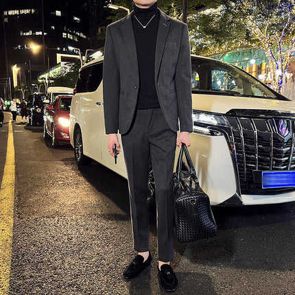 Woolen Suit Set for Men, Autumn and Winter Thickened Suit Two-Piece Set, Light Business Casual Single-Button Formal Wear